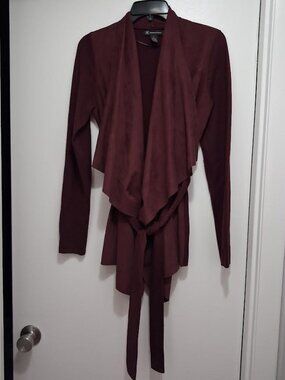 INC Burgundy Faux Suede Draped Tie-Front Wrap Cardigan S